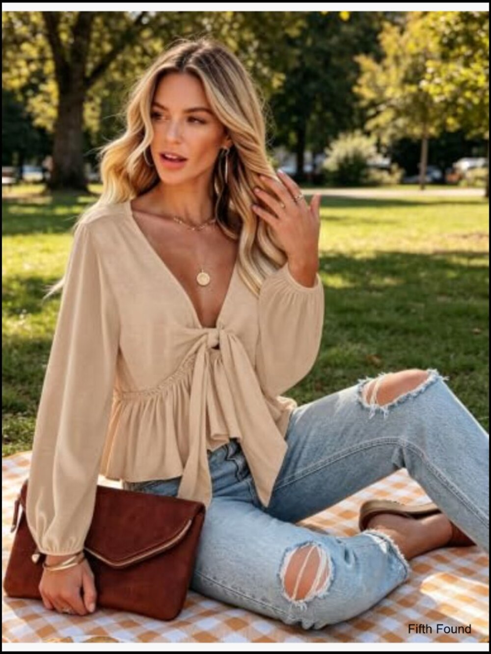 Long Sleeve V Neck Babydoll Tie Front Ruffle Hem Crop Top Blouse - Picture 3 of 7